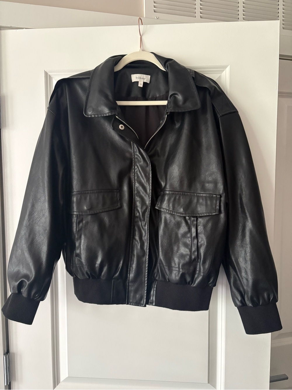 bohme Black Faux Leather Bomber Jacket with Patch Pockets